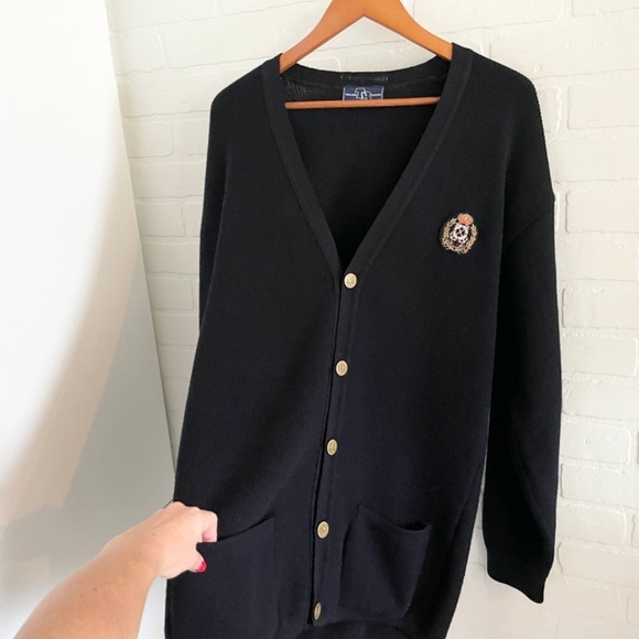 Vintage 70s men’s knit Cardigan Academia School prep Varsity Wool Navy blue L - Picture 5 of 16